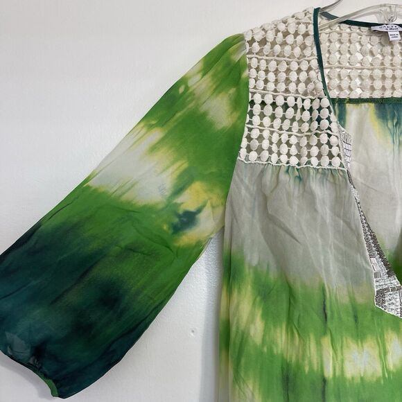 Calypso St. Barth Silk Sequin Tunic Top Size XS Green Cream Boho Batik Resort - Picture 4 of 11